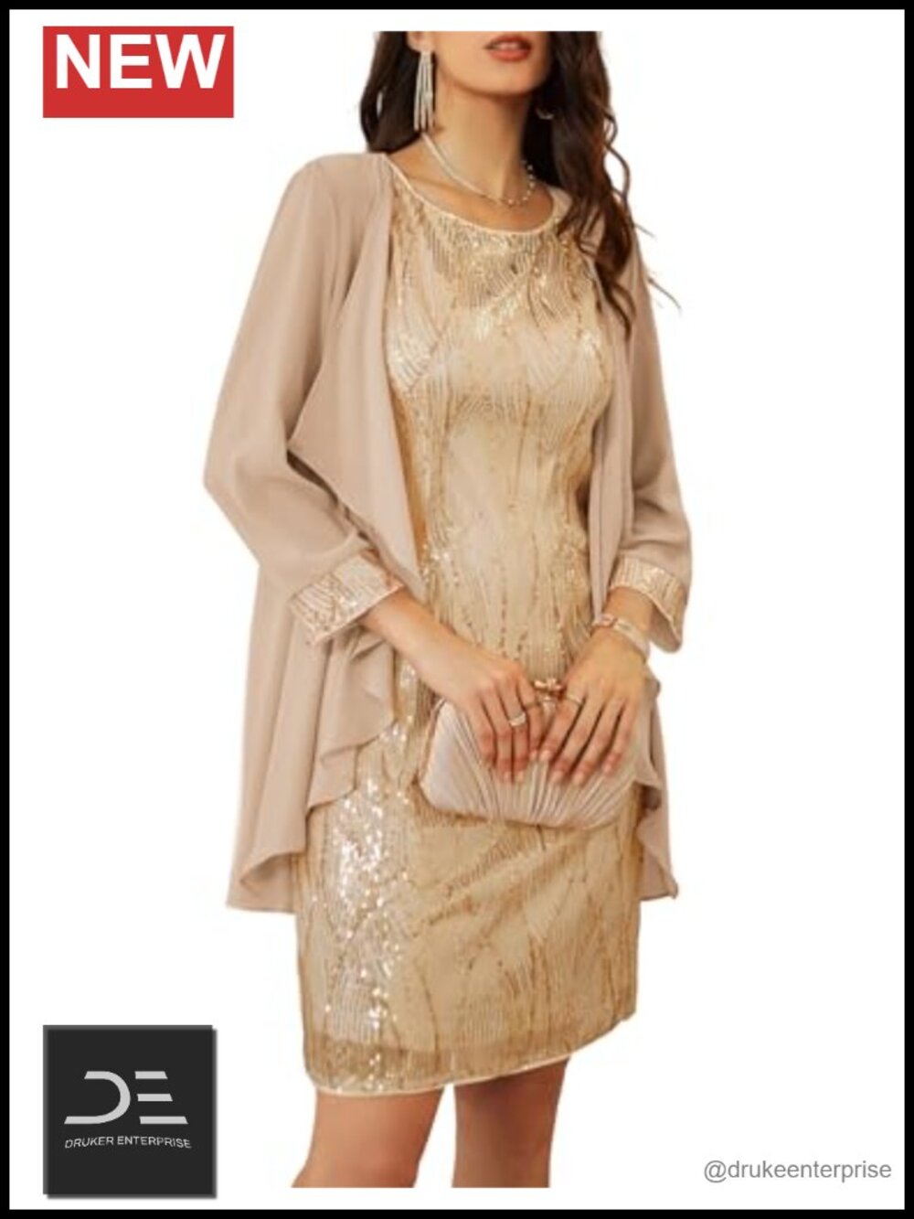 Women's Sequin Formal Dress with Jacket Crew Neck Bodycon Knee-Length